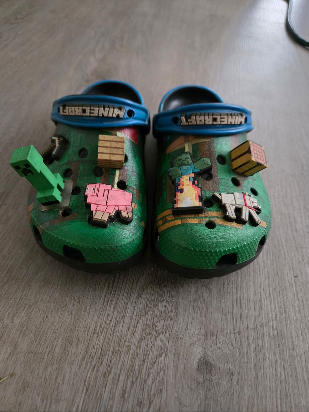 CROCS Kids Green Clog Sandals with Blue Heel Strap and Minecraft Charms